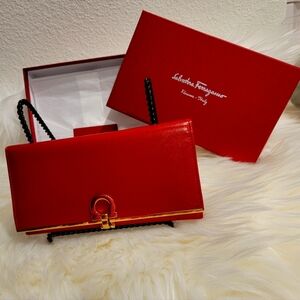 Vintage Salvatore Ferragamo Fold Long Wallet Red Leather